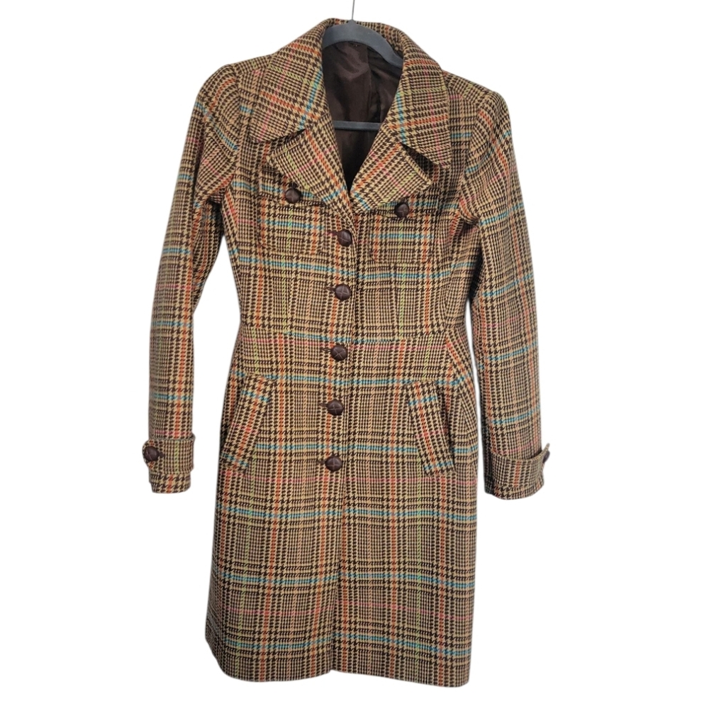H&M Wool Blend Plaid Pea Coat S Retro 60s Mod Long Jacket Dark Academia - Picture 3 of 16